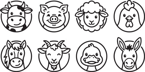 Set of eight farm animal icons in simple line art style © Torikul
