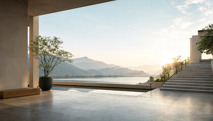 Fototapeta premium Open air terrace with infinity pool overlooking scenic mountain landscape at sunrise infinity mountain landscape architecture tranquil peaceful vacation environment building sunlight