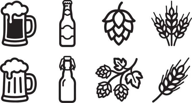 Beer making ingredients and drink icons set