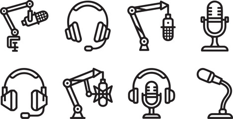 Flat line icons of microphone equipment set © Torikul