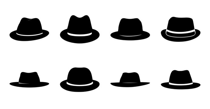 Assorted black fedora and bucket hats flat icons - Eight stylish black hats including fedora and bucket styles arranged neatly for vector or icon design use.