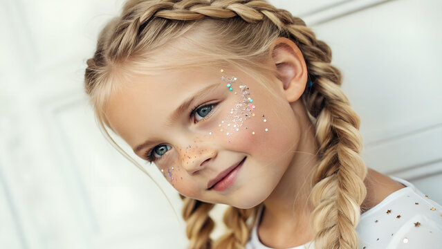 Cute Blonde Girl with Boxer Braids and Face Glitter 