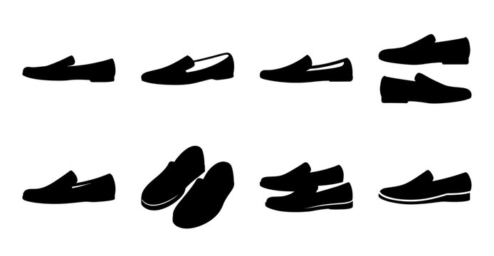 Black flat shoes and sneakers vector collection - A clean vector illustration of various black casual shoes including sneakers, flats, and sandals in a minimalist style.