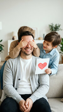 Happy Children Surprising Their Father With A Handmade Heart Card At Home