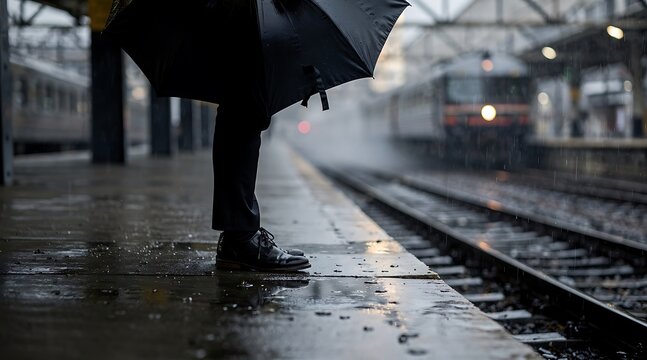 Person with Umbrella Waiting on Rainy Train Station Platform.