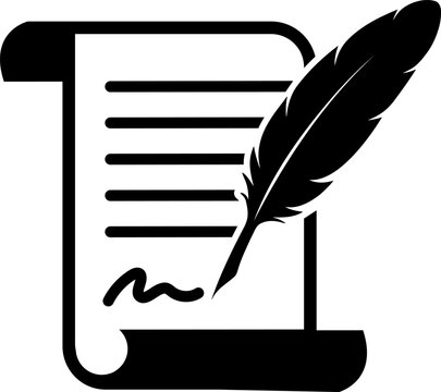 Paper scroll with feather quill pen silhouette icon for constitution declaration of independence and historical legal document design elements