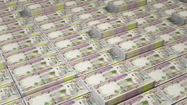 Camera Moving Across Iraqi Dinar Banknote Bundles, Realistic Money Background, High-Quality 3D Animation