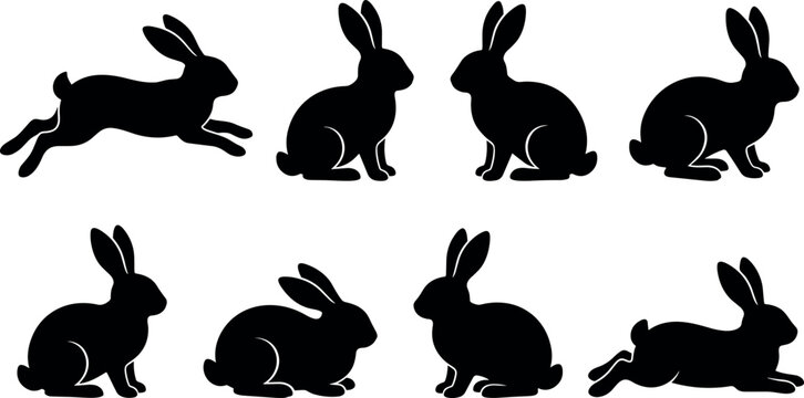 Easter Bunny and Wild Rabbit Silhouette Icon Set with Running Sitting and Leaping Poses for Spring Holidays Hunting and Wildlife Graphic Designs