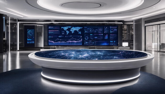Modern corporate control center featuring a large circular interactive table display and digital world map wall screen business technology corporate monitoring dashboard analytics