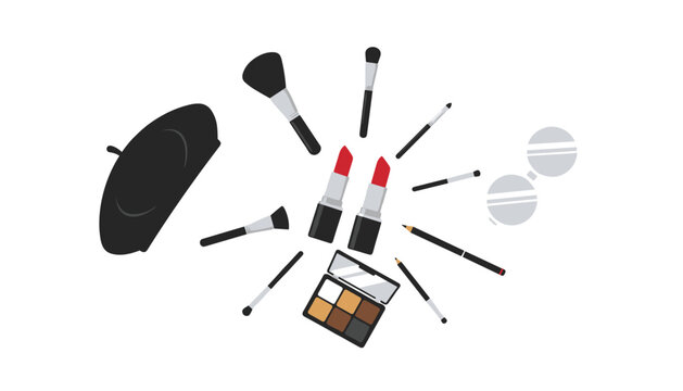 Artistic arrangement of makeup items featuring a black beret lipstick makeup brushes eyeliner palette and compact mirror on a white background.