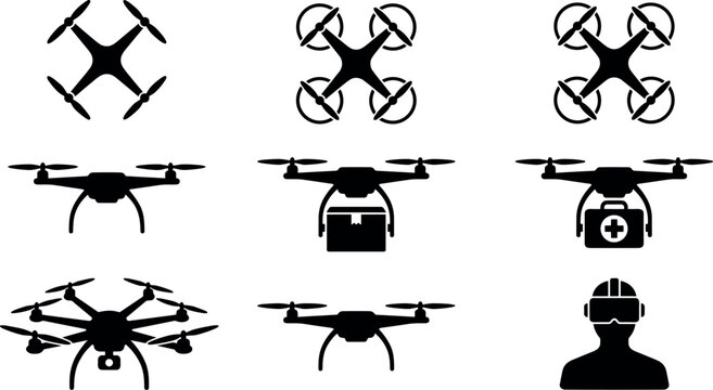 Drone Quadcopter Silhouette Icon Set with Cargo Delivery First Aid Medical Kits Camera Inspection and FPV Goggles Pilot for Modern Logistics Technology Designs