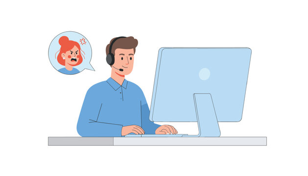 Professional customer service agent interacting with an upset female client during an online video call via a desktop computer screen.