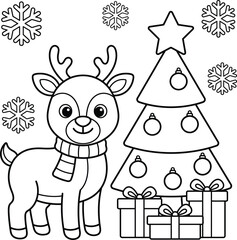 Fototapeta premium Reindeer stands next to a decorated christmas tree with falling snowflakes in a festive coloring book style line art drawing.
