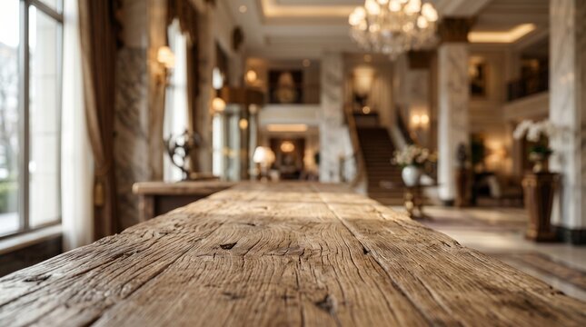 Close-up of a rustic wooden table surface with a blurred background of a luxurious hotel lobby featuring marble pillars and a grand chandelier.