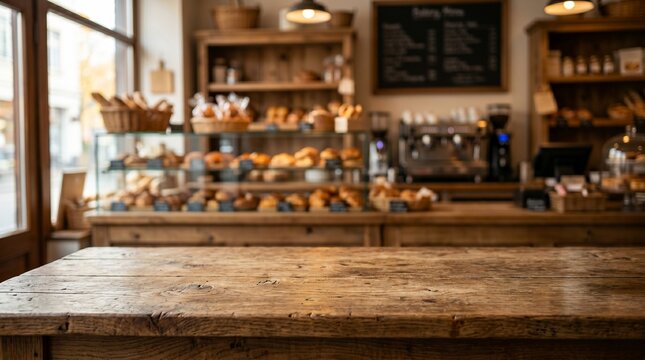 A weathered wooden tabletop serves as the foreground for a charming, blurred bakery interior featuring fresh pastries and a warm, rustic ambiance.
