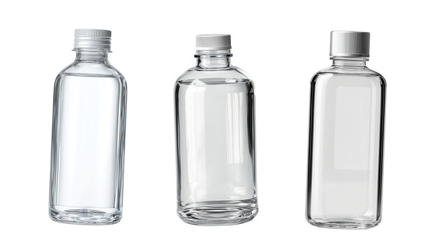 A clean, simple bottle for micellar water, made of clear plastic with a practical flip-top or screw cap, highlighting a universal skincare staple. Isolated set on a neutral background.
