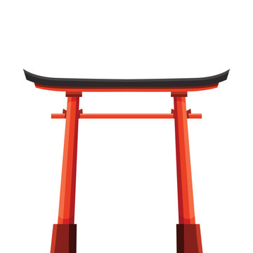Flat vector illustration of a traditional red Japanese torii gate with a black curved roof, isolated on a clean white background.