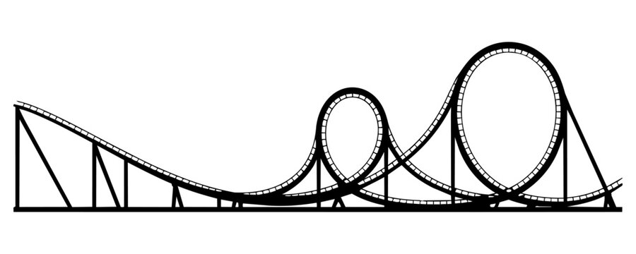 Black silhouette of rollercoaster track with loops on plain white background showing sharp drops and curves for amusement park thrill ride graphic design element.