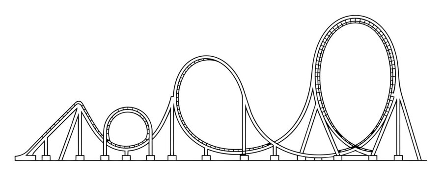 Black and white outline drawing of rollercoaster ride with two circular loops isolated on white background depicting high speed adventure park thrill machine.