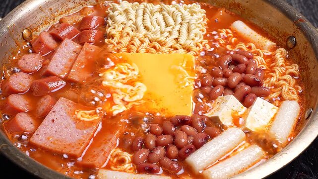 Budae jjigae, also known as army stew, in a large pot with various ingredients like sausage, noodles, cheese, and beans