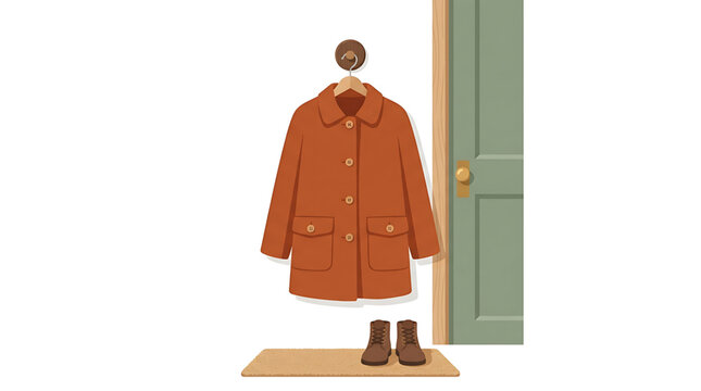 Illustration of a brown winter coat hanging on a wall hook next to a green door with a pair of boots on a doormat