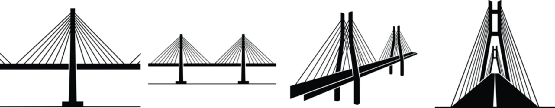 Modern Cable Stayed Bridge Icon Set with Suspension Architecture, Highway Overpass Structures, and Civil Engineering Vector Silhouettes for Infrastructure Graphic Designs