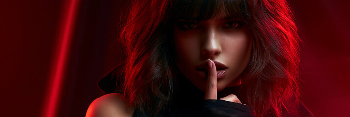 Naklejka premium secretive woman in red glow portrait, enigmatic female making hush gesture, mysterious model in cinematic red light