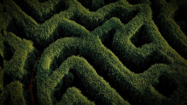 a complex labyrinth garden filled with winding pathways surrounded by dense greenery and natural forest environment.