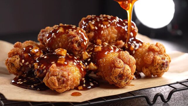 Crispy fried chicken pieces with sesame seeds and sauce on baking paper