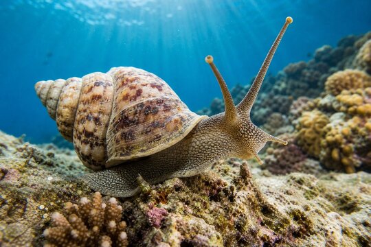 Triton snail extending its tentacles on a coral reef with a visible spiral shell.
