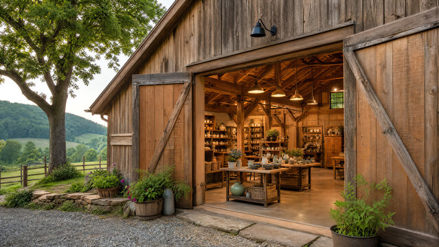 A charming wooden barn showcasing a well-organized interior with rustic decor amidst a peaceful landscape.