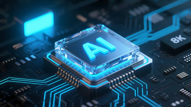 Glowing blue AI chip on circuit board