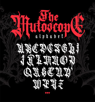 Gothic. Vector. Uppercase and lowercase white letters on a black background. Beautiful and stylish calligraphy. Elegant European typeface for tattoo and design. Medieval Germanic modern style.