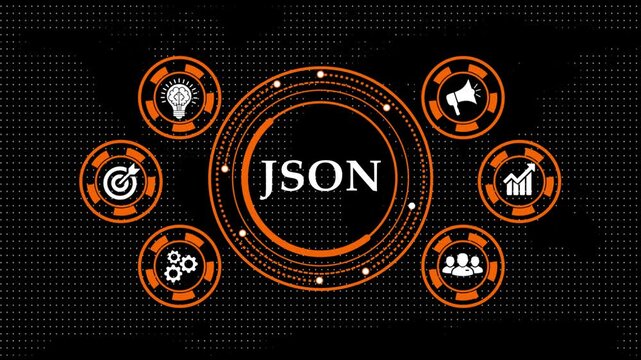 Json data format animation with digital business icons in orange hud.