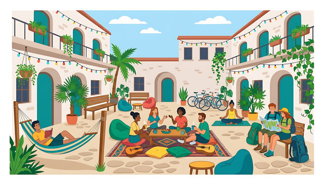 Group of young travelers resting in a cozy hostel courtyard with hammocks, bean bags, and bicycles
