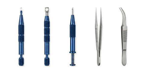 Fototapeta premium Sapphire FUE Hair Transplant Surgical Instruments Set with Precision Forceps on White Background