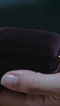 Vertical video: Opening velvet box, seeing empty interior, hands checking then closing lid at home
