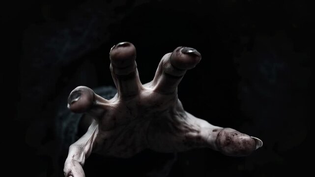 Creepy zombie hand reaching from darkness with dramatic horror atmosphere and sinister shadow scene