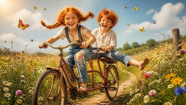 Zwei rothaarige Kinder fahren zusammen auf einem Tandem