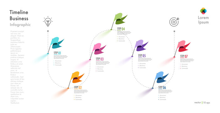 Timeline 7 steps infographic progress trendy color style for start up project, banner, theory basic operation, presentation, business strategy, logic analysis vector