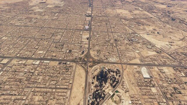 Top aerial drone shot of King Abdullah Financial District in Al Aqiq. Riyadh. Saudi Arabia