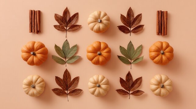 Image 8: Autumn pumpkin pattern with dried leaves cinnamon sticks and seasonal harvest arrangement background