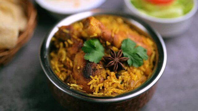 Top view of Biriyani. Indian chef cooking Biriyani at the kitchen and adding spices. Spice background 4K video. seasoning in indian food.