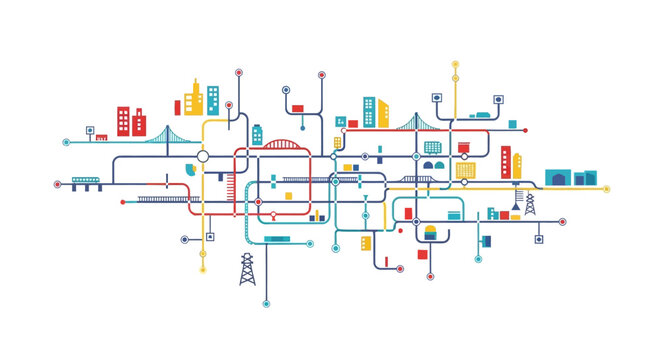 Abstract City Network Map with Roads, Bridges, Buildings, and Transport Icons