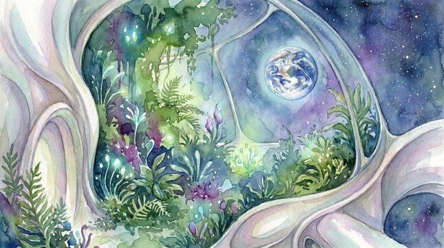 Ethereal watercolor painting of a lush fantasy garden inside a glowing glass dome under starry sky