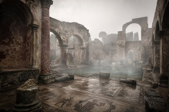 Ancient Roman bathhouse ruins with broken mosaics in fog.
