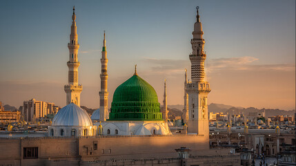 Fototapeta premium Aerial view of Al Masjid an Nabawi mosque in Medina, Saudi Arabia, at sunset.