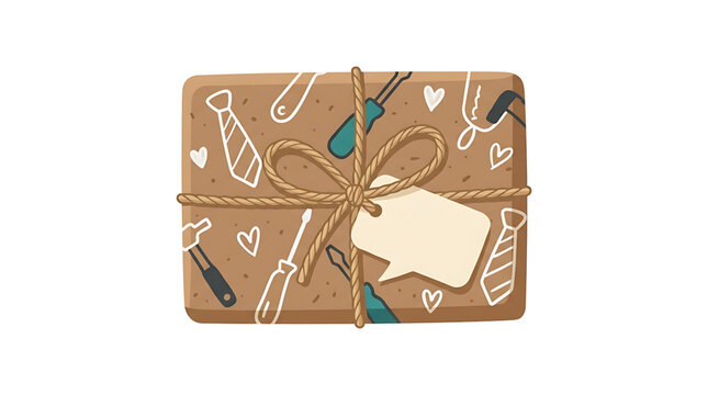 Gift box wrapped in brown paper with tools and ties pattern and blank gift tag
