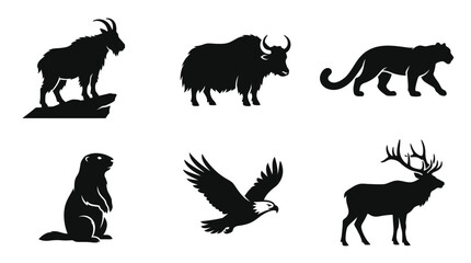 Fototapeta premium mountain wildlife silhouette symbols, mountain goat, yak, snow leopard, marmot, eagle, elk, exactly six symbols