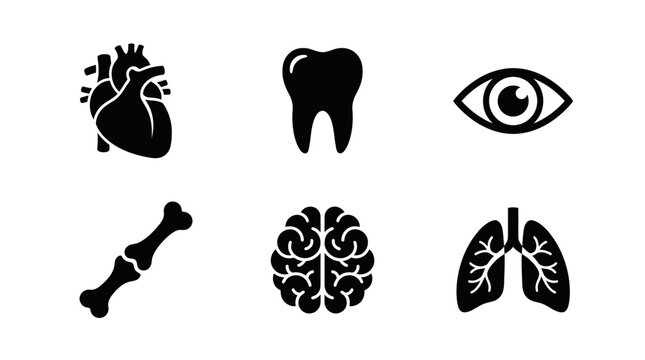 medical specialty silhouette symbols, cardiology heart, dentistry tooth, ophthalmology eye, orthopedics bone, neurology brain, pulmonology lungs, exactly six symbols